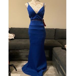 Deep blue floor length dress w/ sequin back cutout